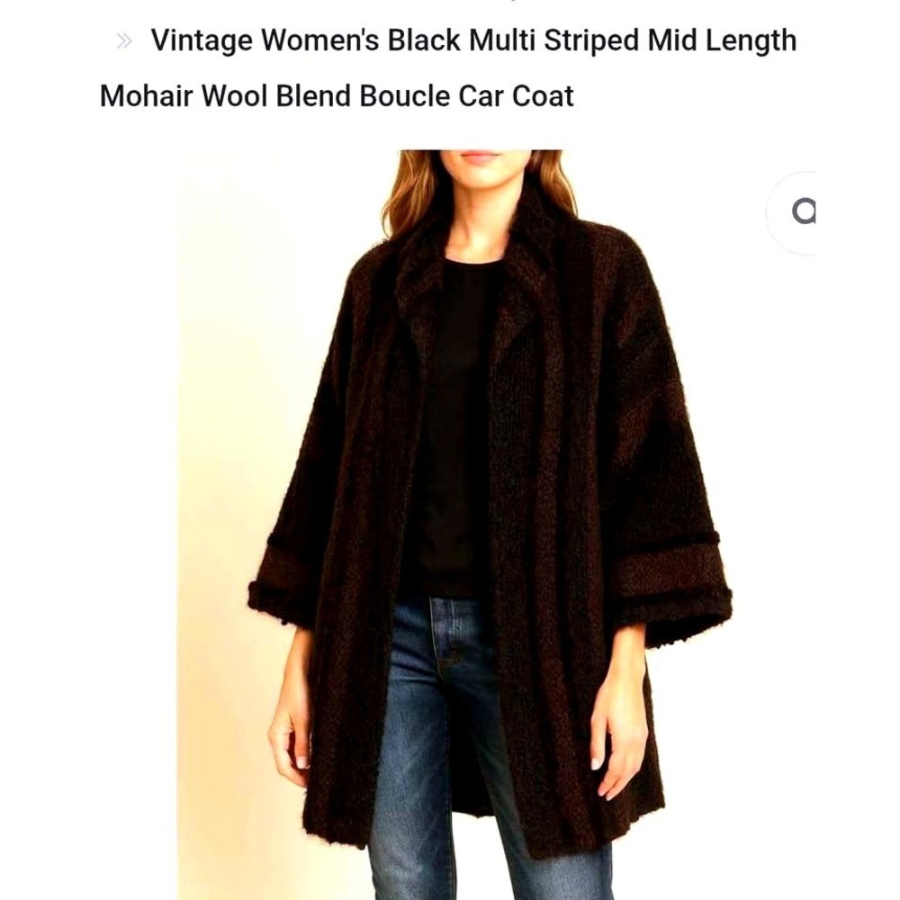 VTG Style ~ Women's Black/Brown Striped Mohair Wool Blend Boucle Mid Length Coat